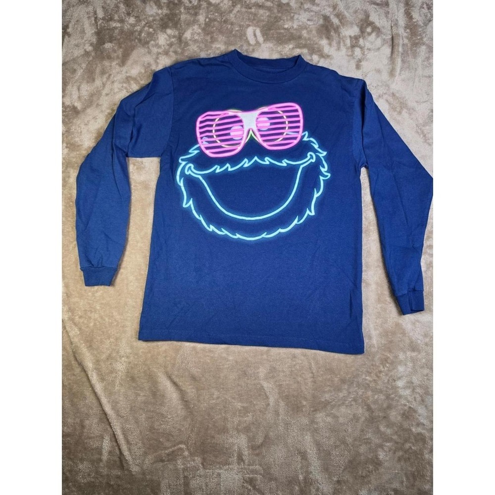 Sesame Street Cookie Monster Long Sleeve Graphic Tee Navy Blue Kids XXL 18